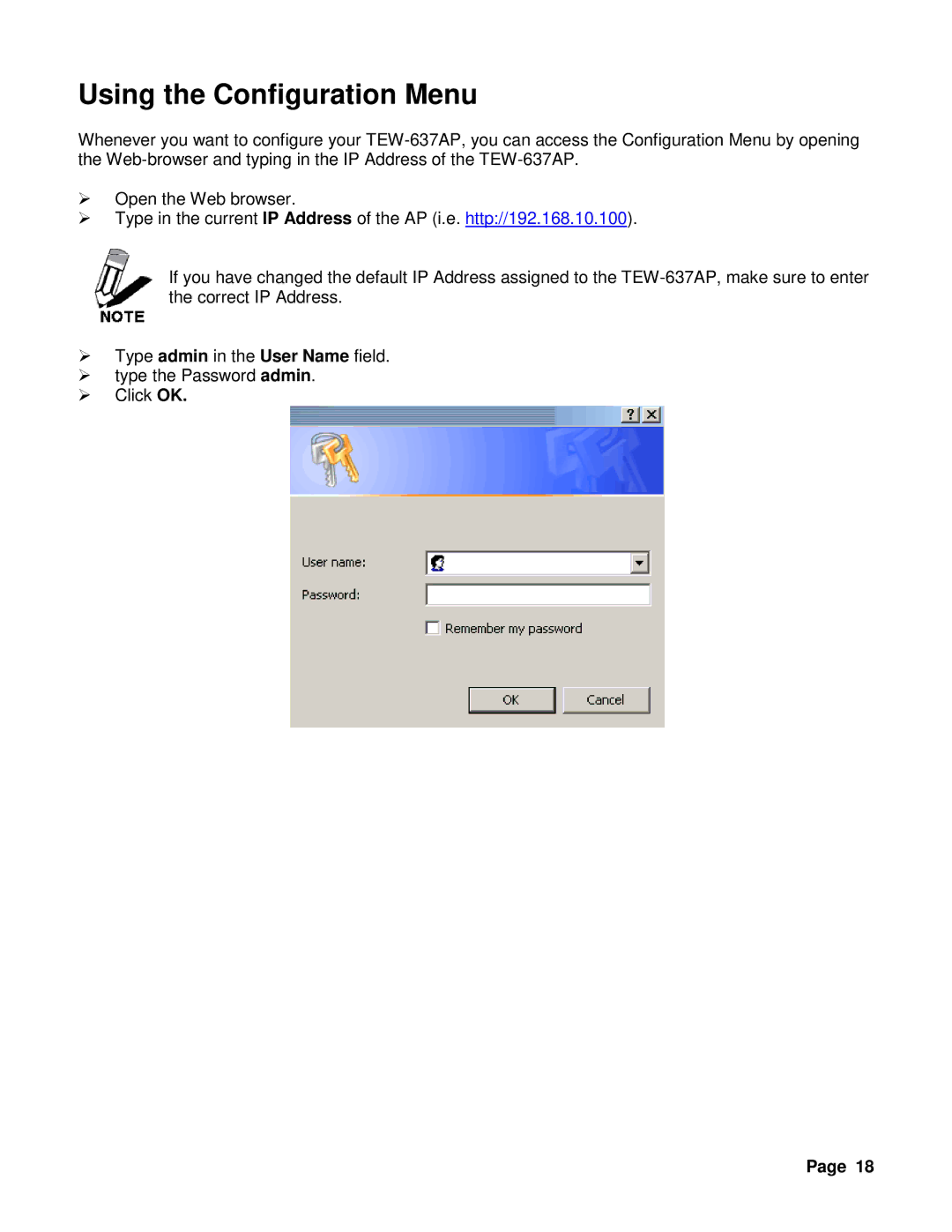 TRENDnet TEW-637AP 3.01 manual Using the Configuration Menu 