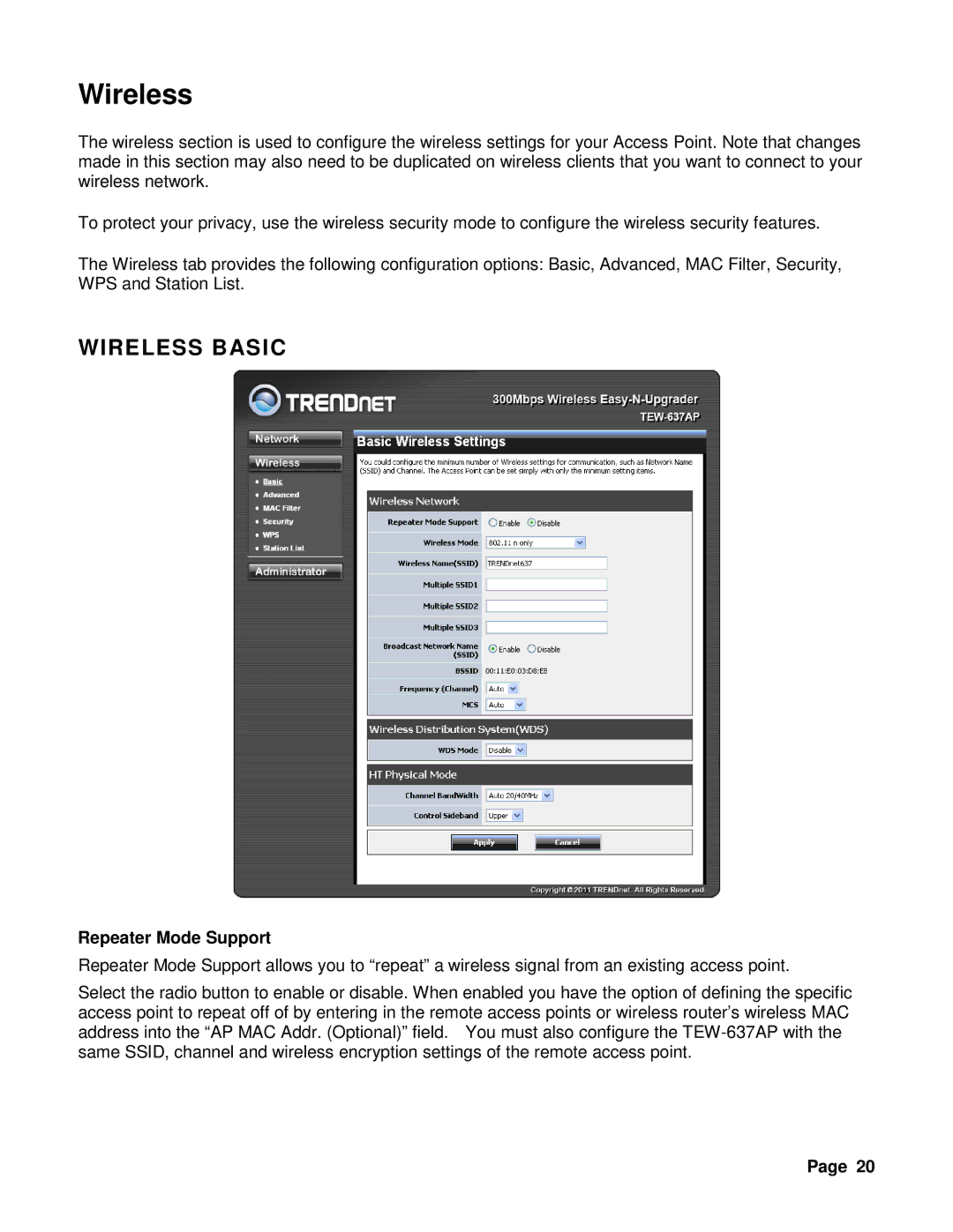 TRENDnet TEW-637AP 3.01 manual Wireless Basic, Repeater Mode Support 