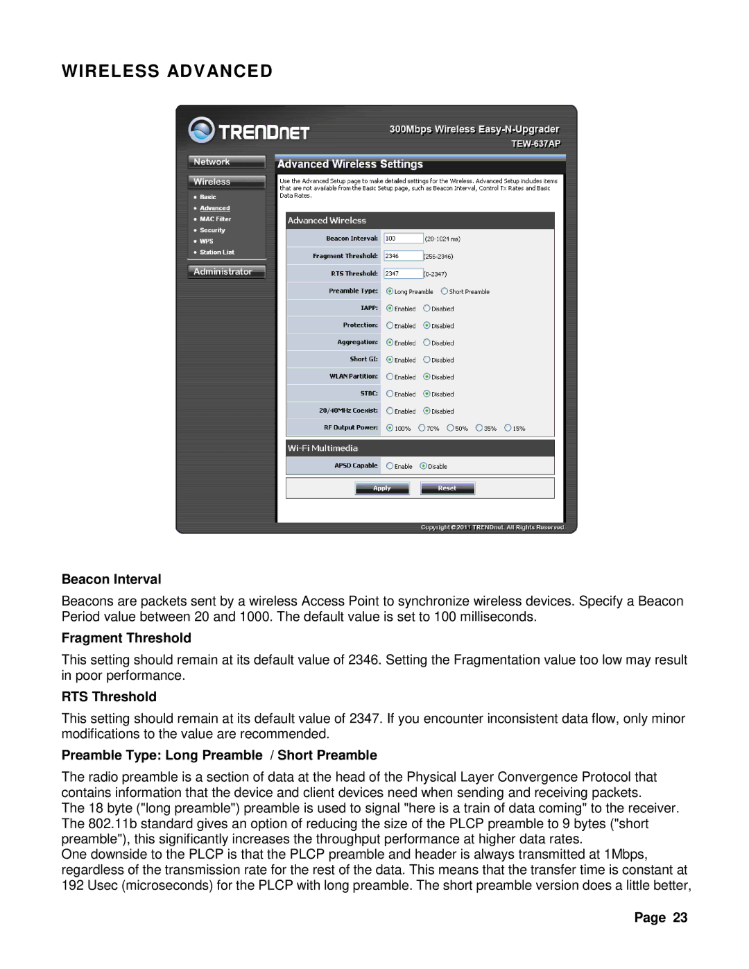 TRENDnet TEW-637AP 3.01 manual Wireless Advanced, Beacon Interval, Fragment Threshold, RTS Threshold 