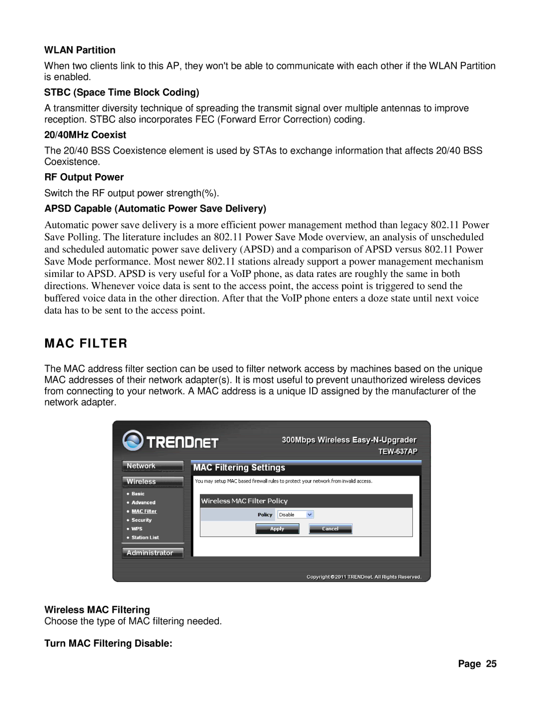 TRENDnet TEW-637AP 3.01 manual MAC Filter 