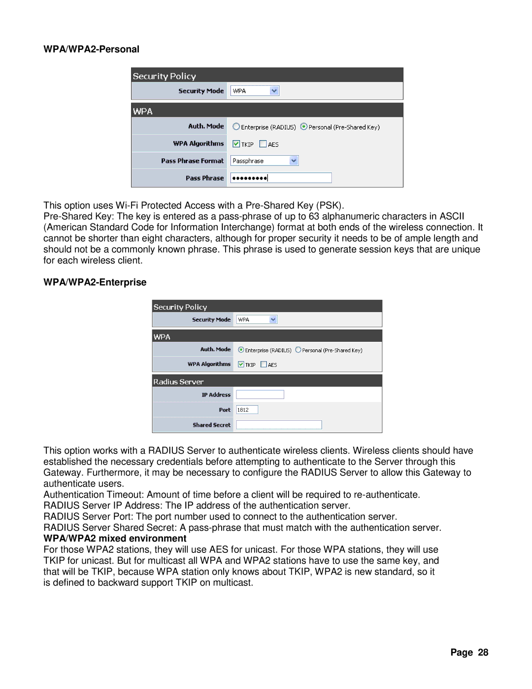 TRENDnet TEW-637AP 3.01 manual WPA/WPA2-Personal, WPA/WPA2-Enterprise, WPA/WPA2 mixed environment 