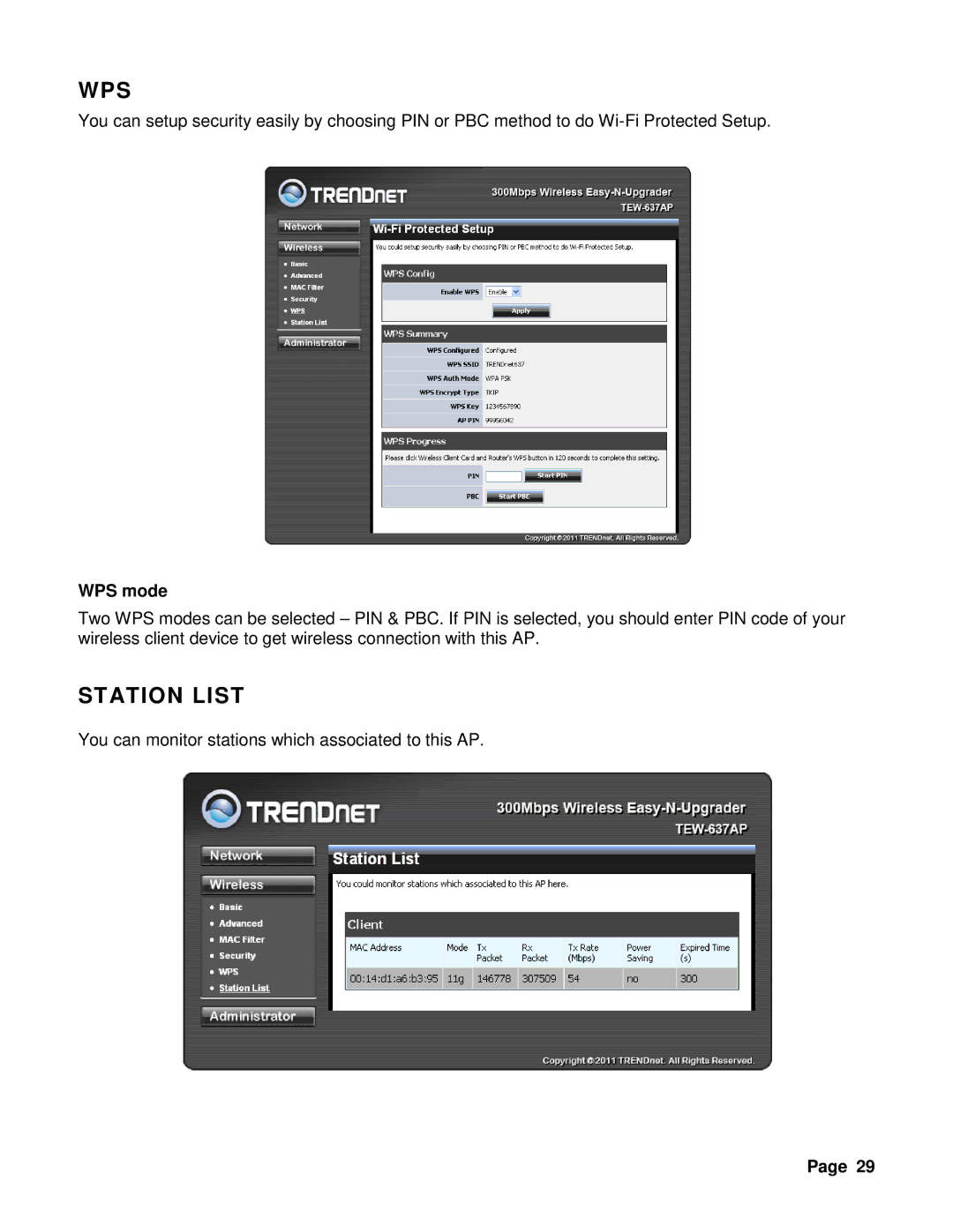 TRENDnet TEW-637AP 3.01 manual Wps, Station List, WPS mode 