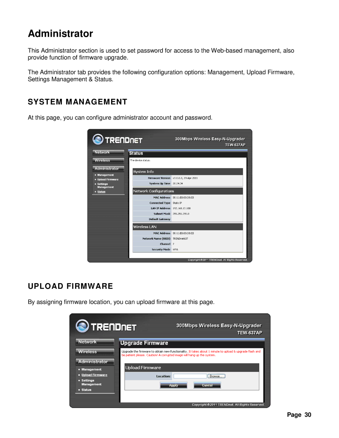 TRENDnet TEW-637AP 3.01 manual Administrator, System Management, Upload Firmware 