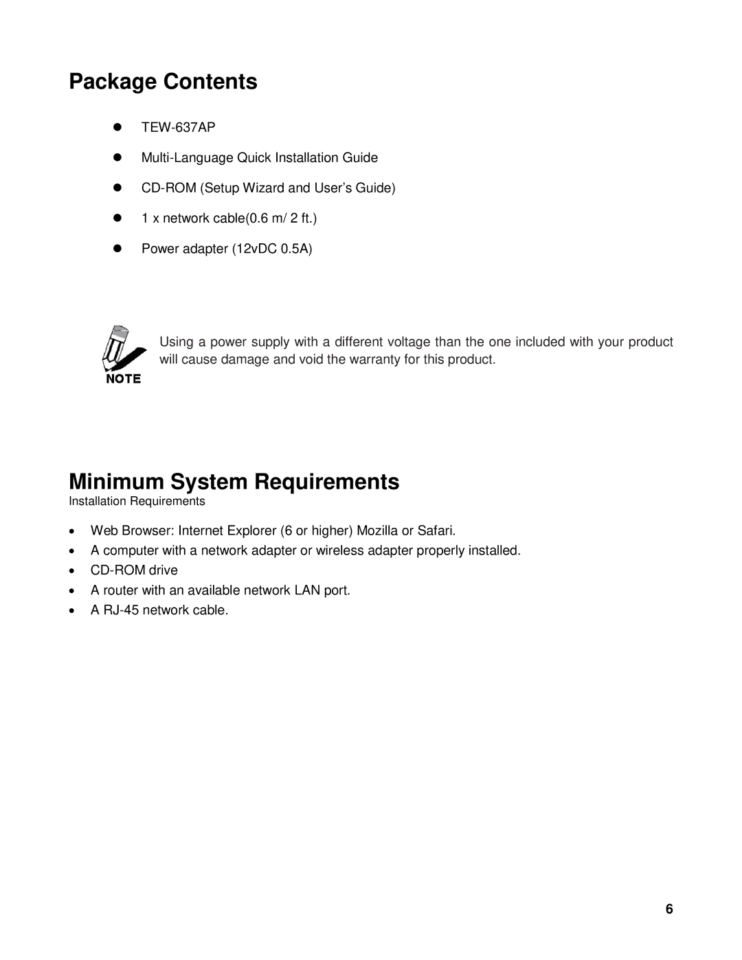 TRENDnet TEW-637AP 3.01 manual Package Contents, Minimum System Requirements 