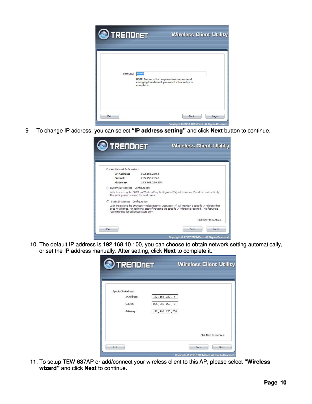 TRENDnet TEW-637AP manual To change IP address, you can select “IP address setting” and click Next button to continue 