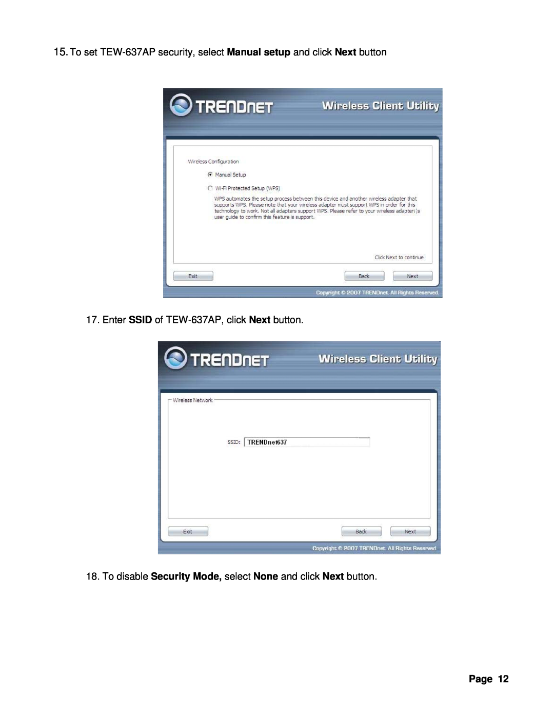 TRENDnet Enter SSID of TEW-637AP, click Next button, To disable Security Mode, select None and click Next button, Page 