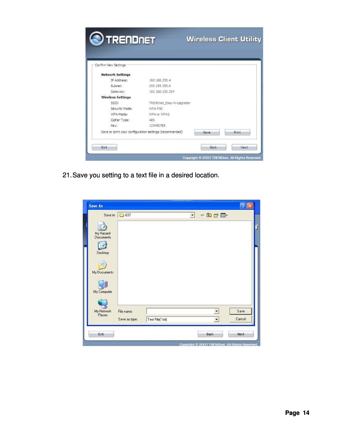 TRENDnet TEW-637AP manual Save you setting to a text file in a desired location, Page 