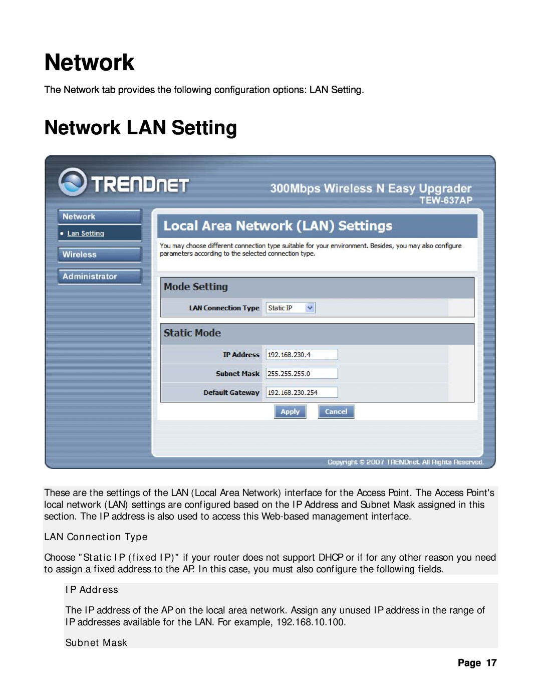 TRENDnet TEW-637AP manual Network LAN Setting 