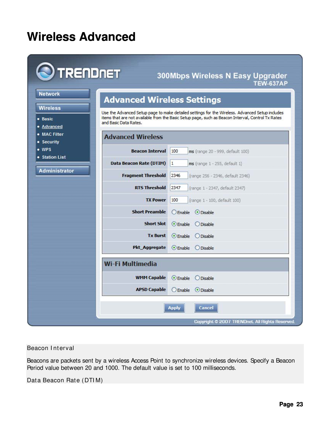TRENDnet TEW-637AP manual Wireless Advanced, Beacon Interval, Data Beacon Rate DTIM 