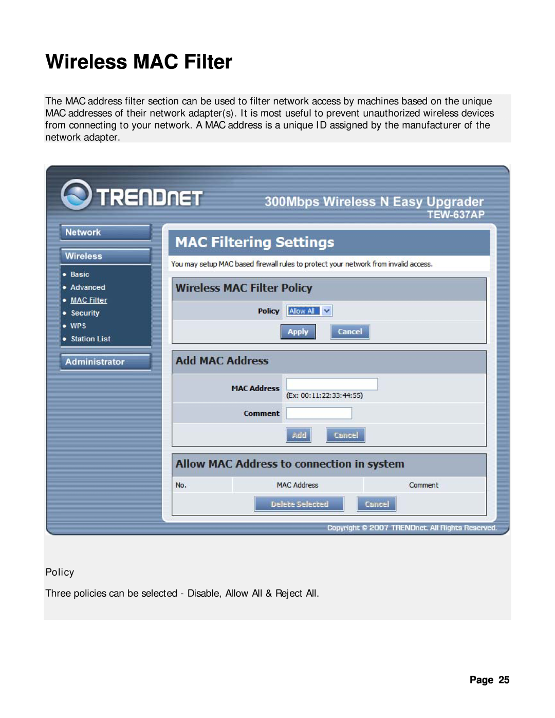 TRENDnet TEW-637AP manual Wireless MAC Filter, Policy 