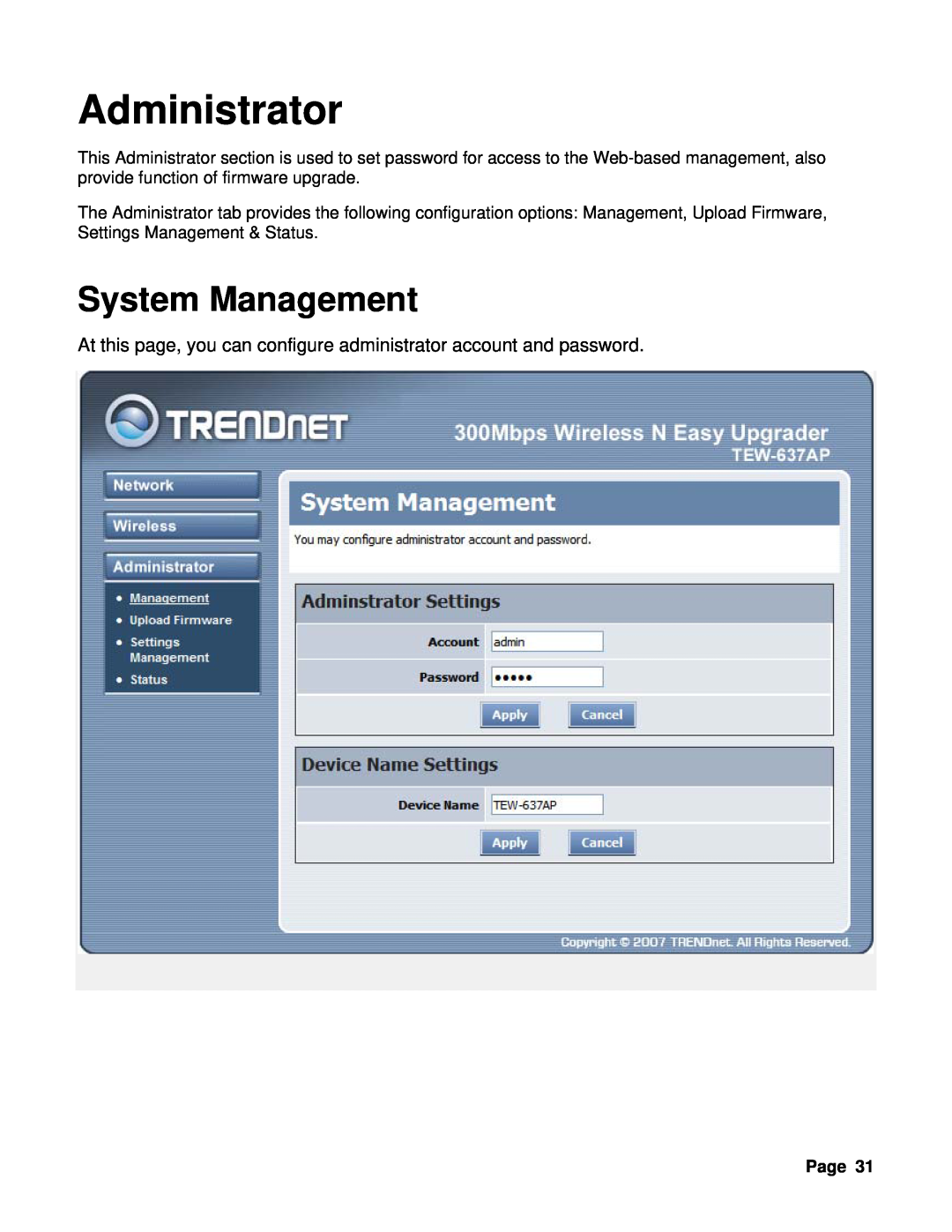 TRENDnet TEW-637AP manual Administrator, System Management 