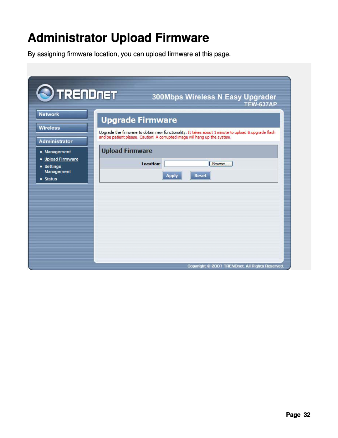TRENDnet TEW-637AP Administrator Upload Firmware, By assigning firmware location, you can upload firmware at this page 