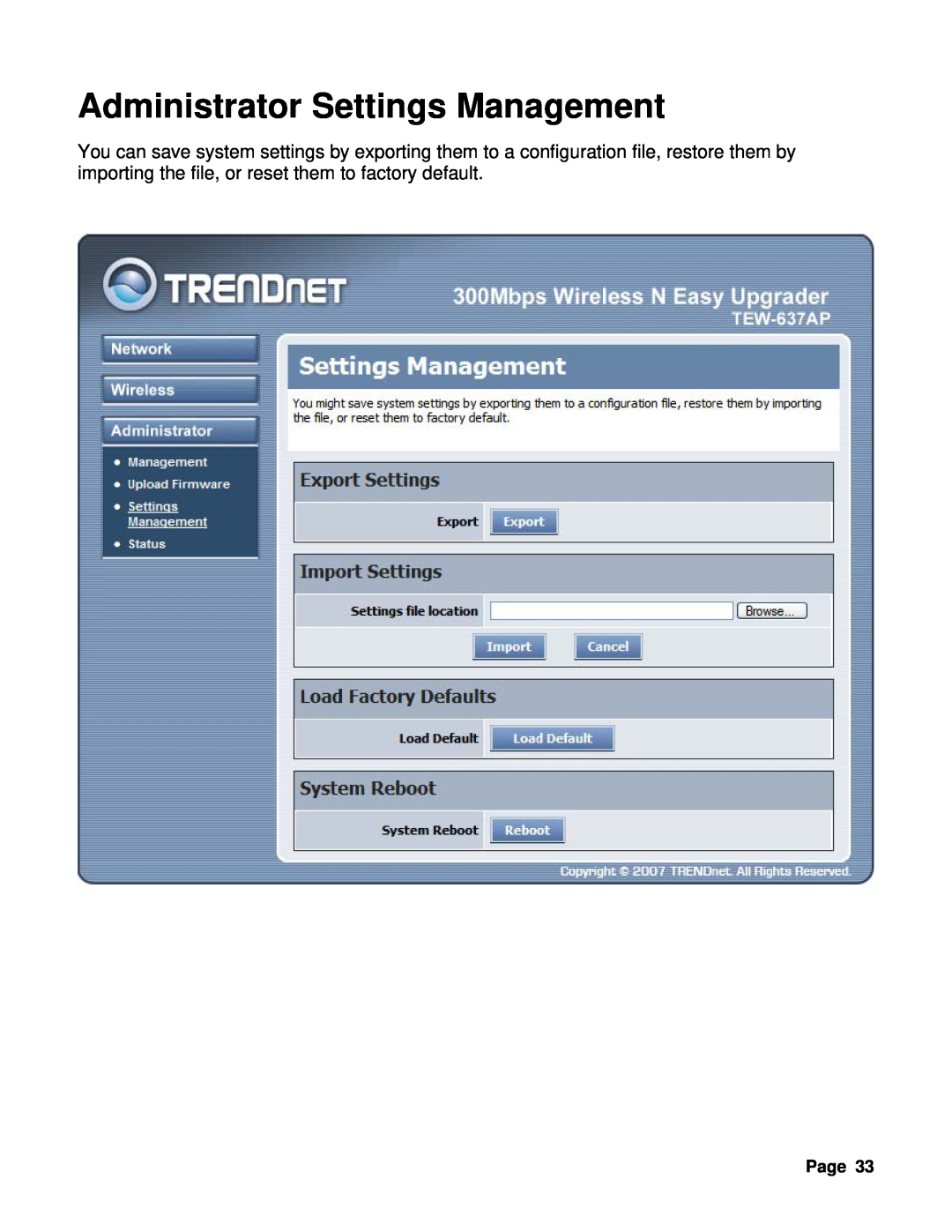 TRENDnet TEW-637AP manual Administrator Settings Management 