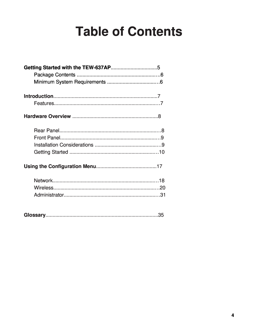 TRENDnet manual Table of Contents, Getting Started with the TEW-637AP 