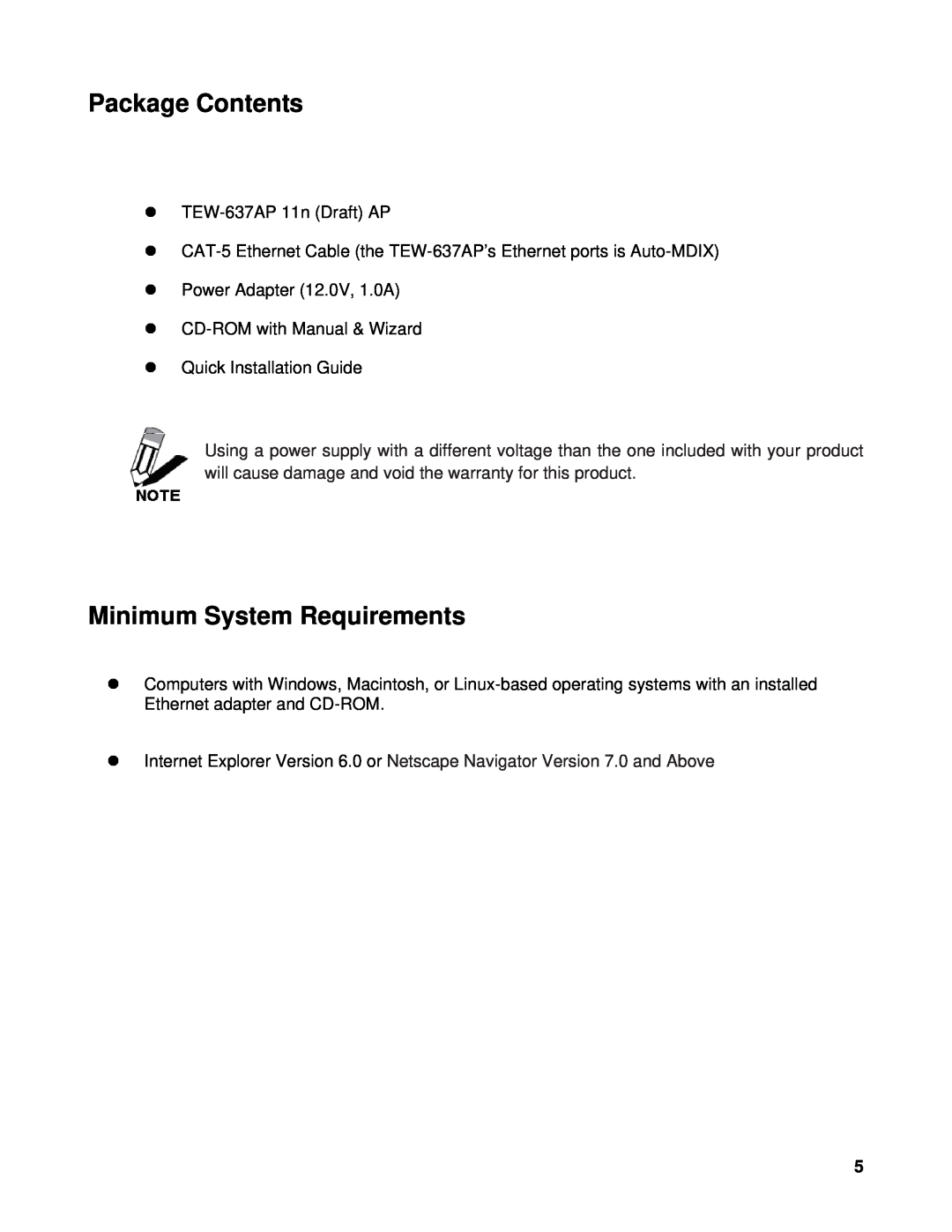 TRENDnet TEW-637AP manual Package Contents, Minimum System Requirements 