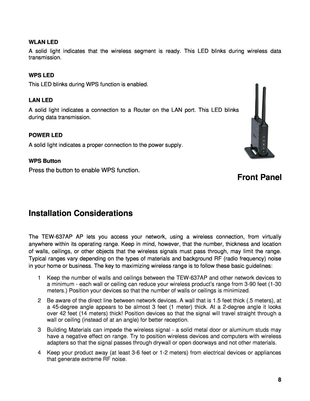 TRENDnet TEW-637AP manual Front Panel Installation Considerations, Press the button to enable WPS function 