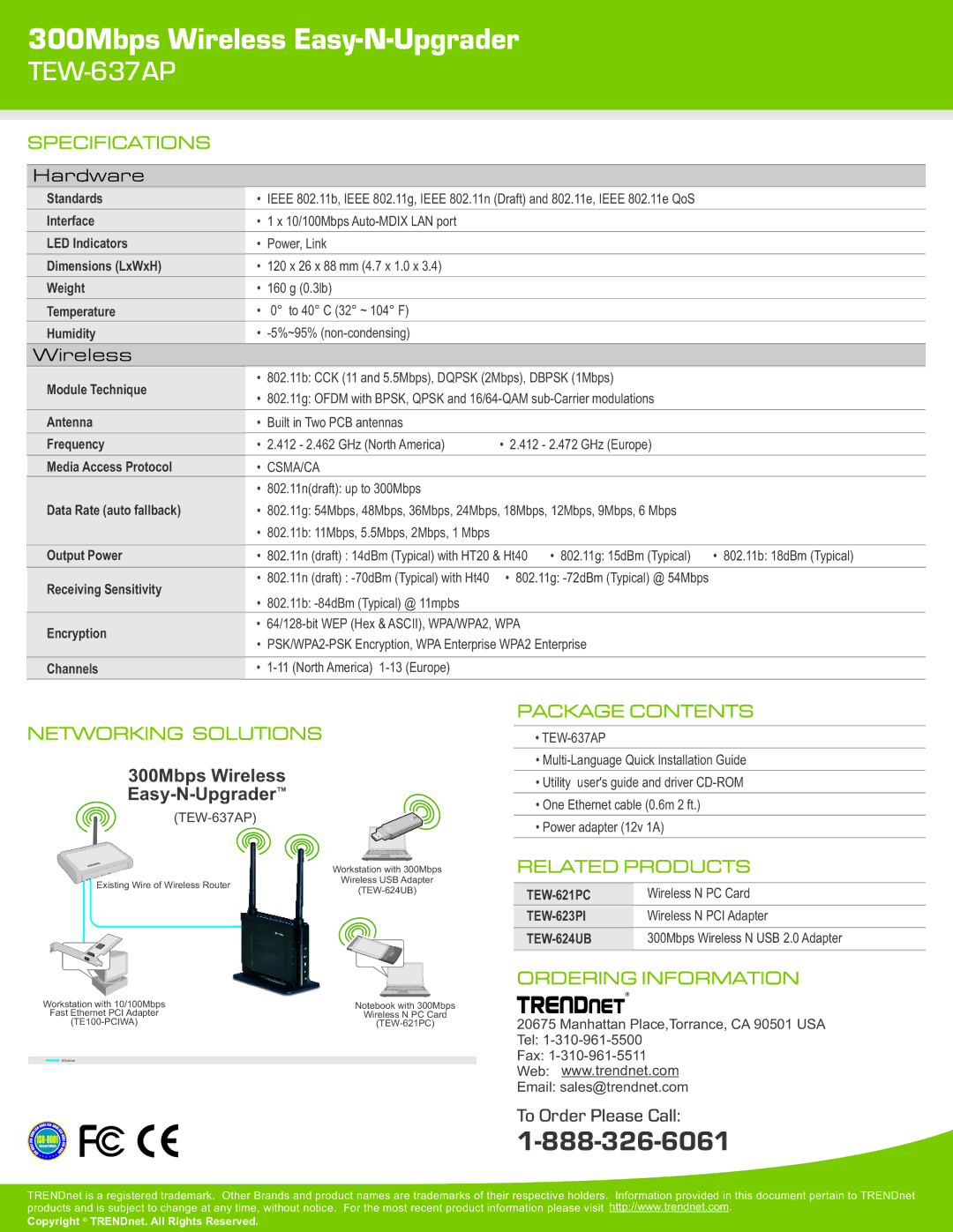 TRENDnet TEW-637AP warranty Specifications, Networking Solutions, Package Contents, Related Products, Ordering Information 