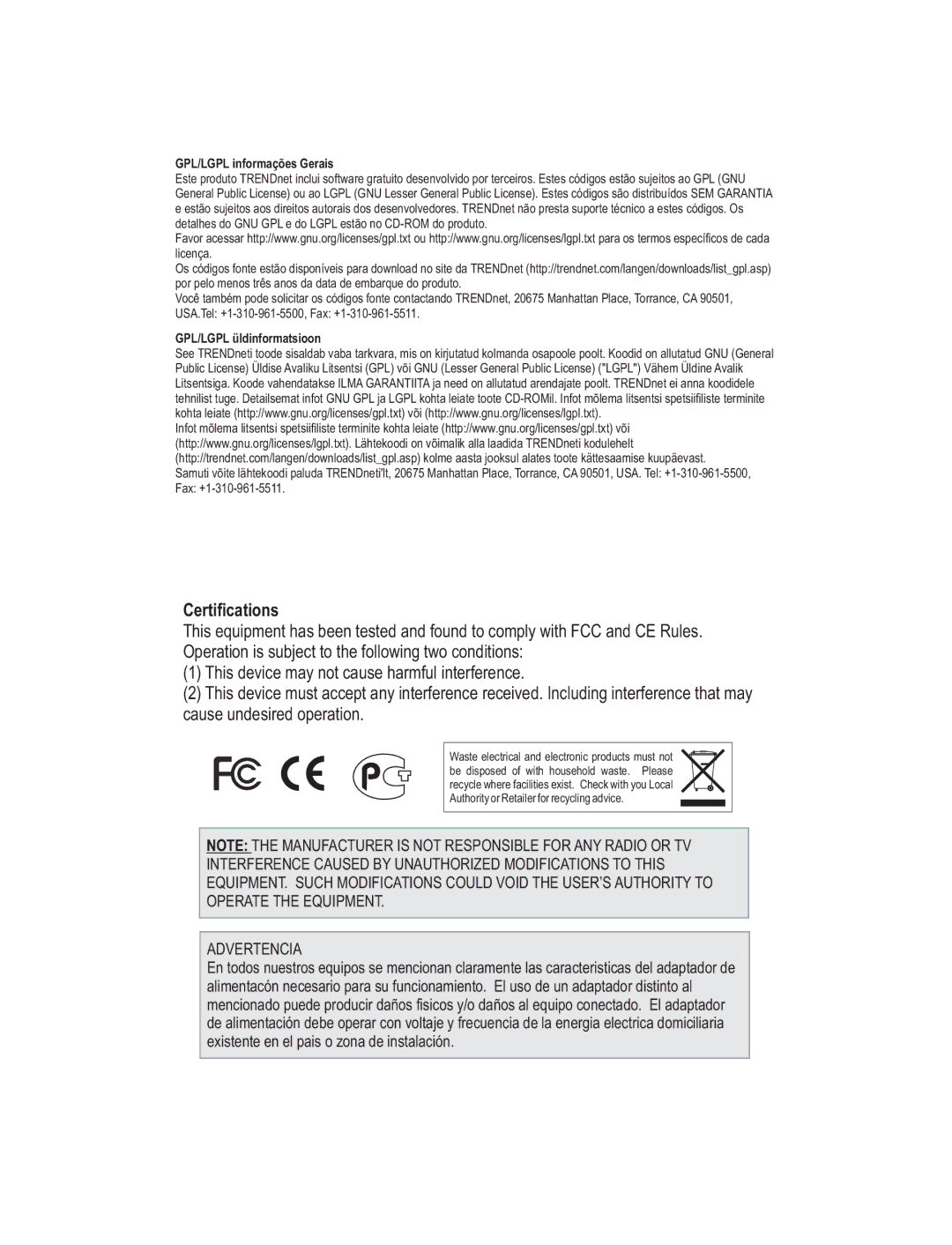 TRENDnet TEW-638APB manual Certifications, GPL/LGPL informações Gerais 