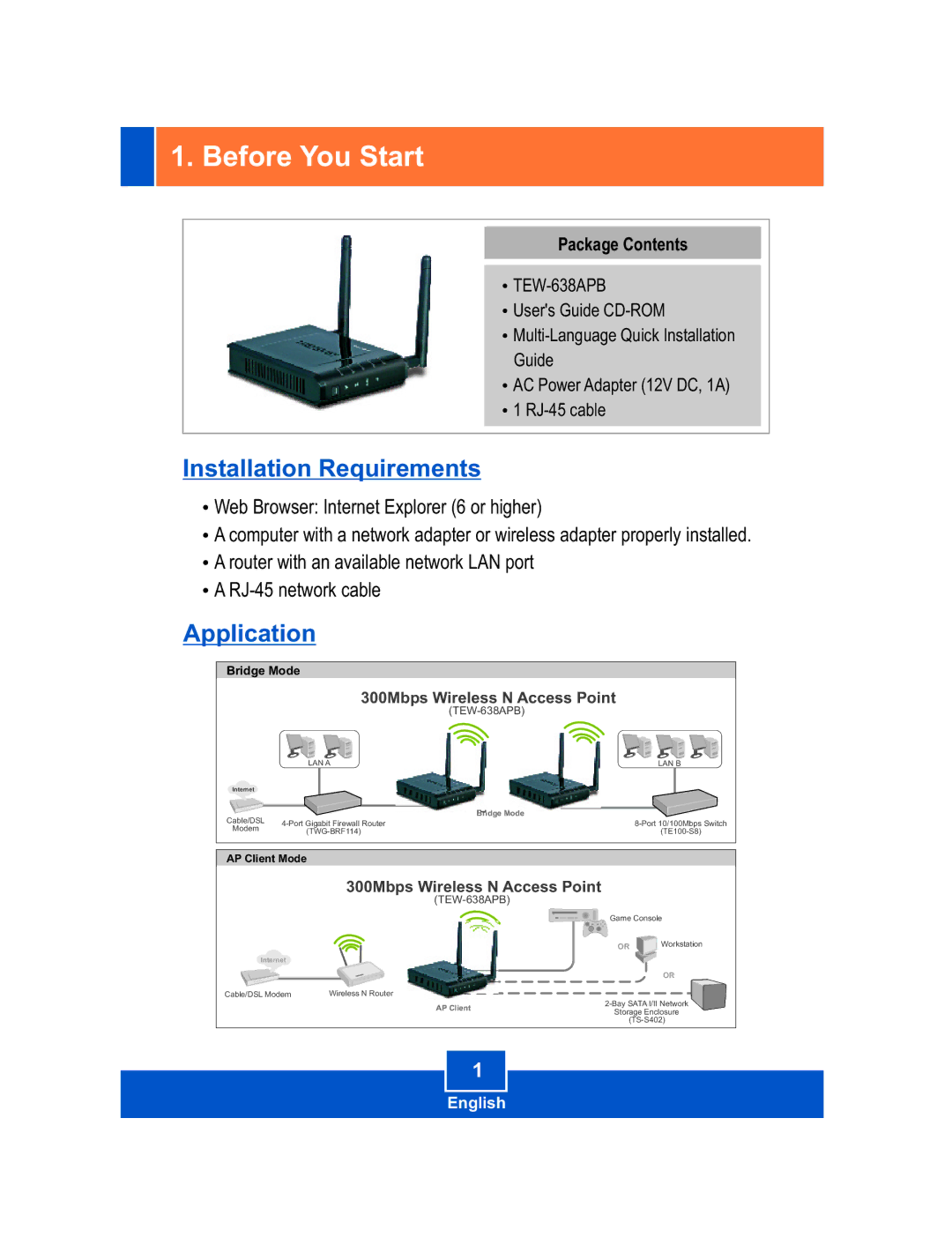 TRENDnet TEW-638APB manual Before You Start, Package Contents 