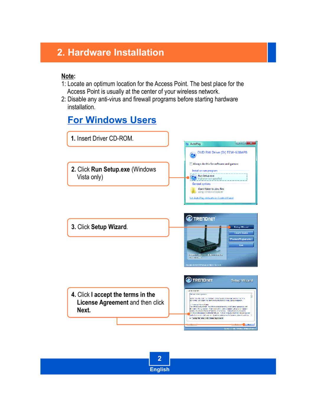 TRENDnet TEW-638APB manual Hardware Installation, For Windows Users 