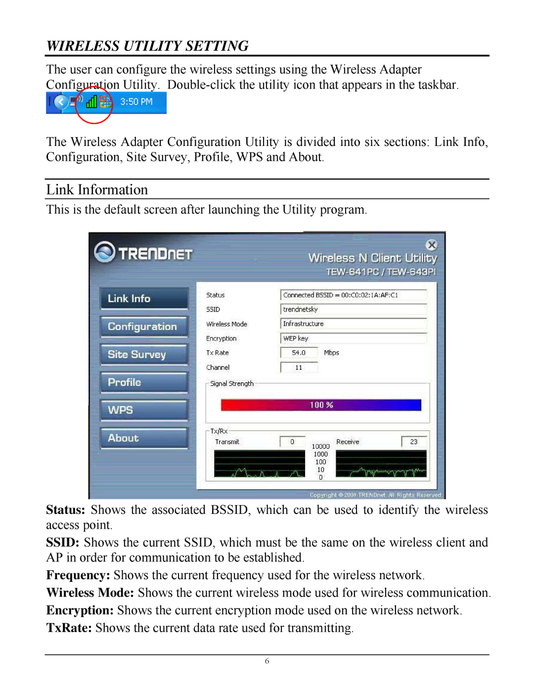 TRENDnet TEW-641PC manual Wireless Utility Setting, Link Information 