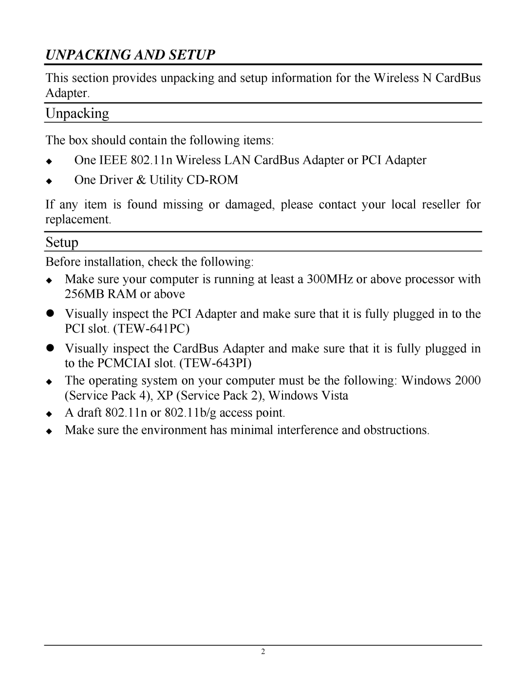 TRENDnet TEW-641PC manual Unpacking and Setup 