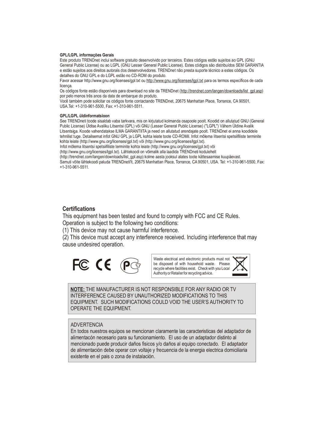 TRENDnet 300Mbps Wireless N Gigabit Router, TEW-647GA manual Certifications 