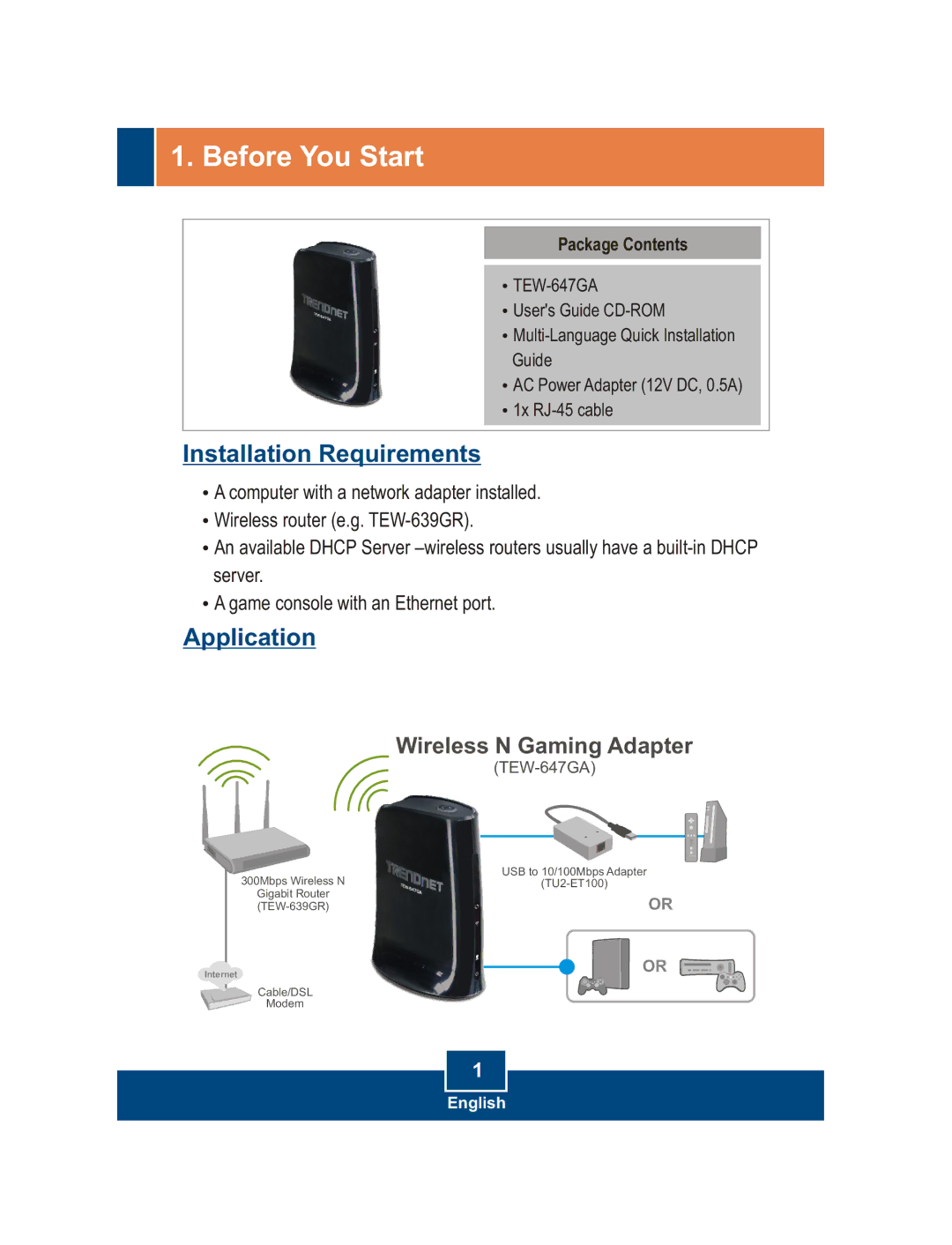 TRENDnet 300Mbps Wireless N Gigabit Router, TEW-647GA manual Before You Start 