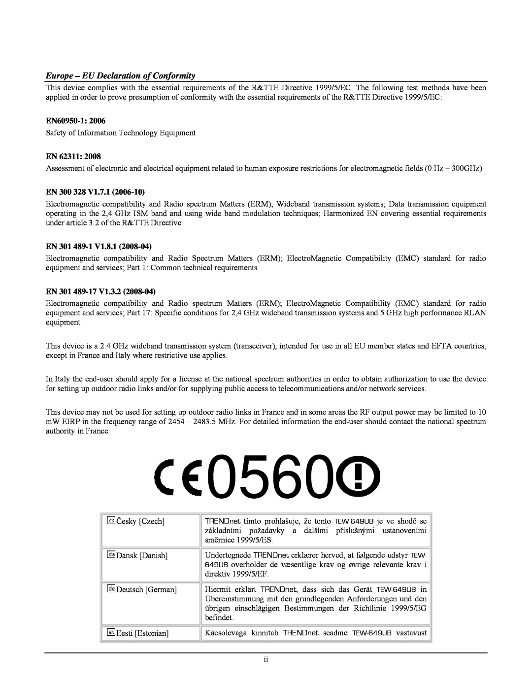 TRENDnet TEW-649UB manual 0560, Europe - EU Declaration of Conformity, EN60950-1, En, EN 300, EN 301 489-17 