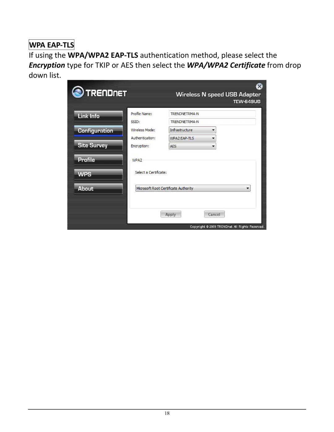 TRENDnet TEW-649UB manual Wpa Eap‐Tls 