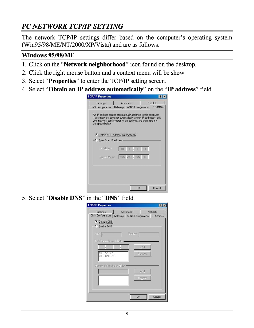 TRENDnet TEW-652BRP manual Pc Network Tcp/Ip Setting, Windows 95/98/ME 