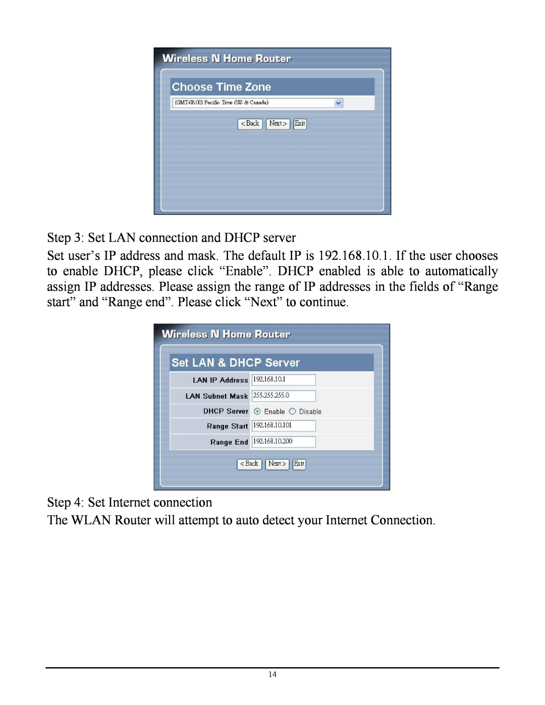 TRENDnet TEW-652BRP manual Set LAN connection and DHCP server, Set Internet connection 