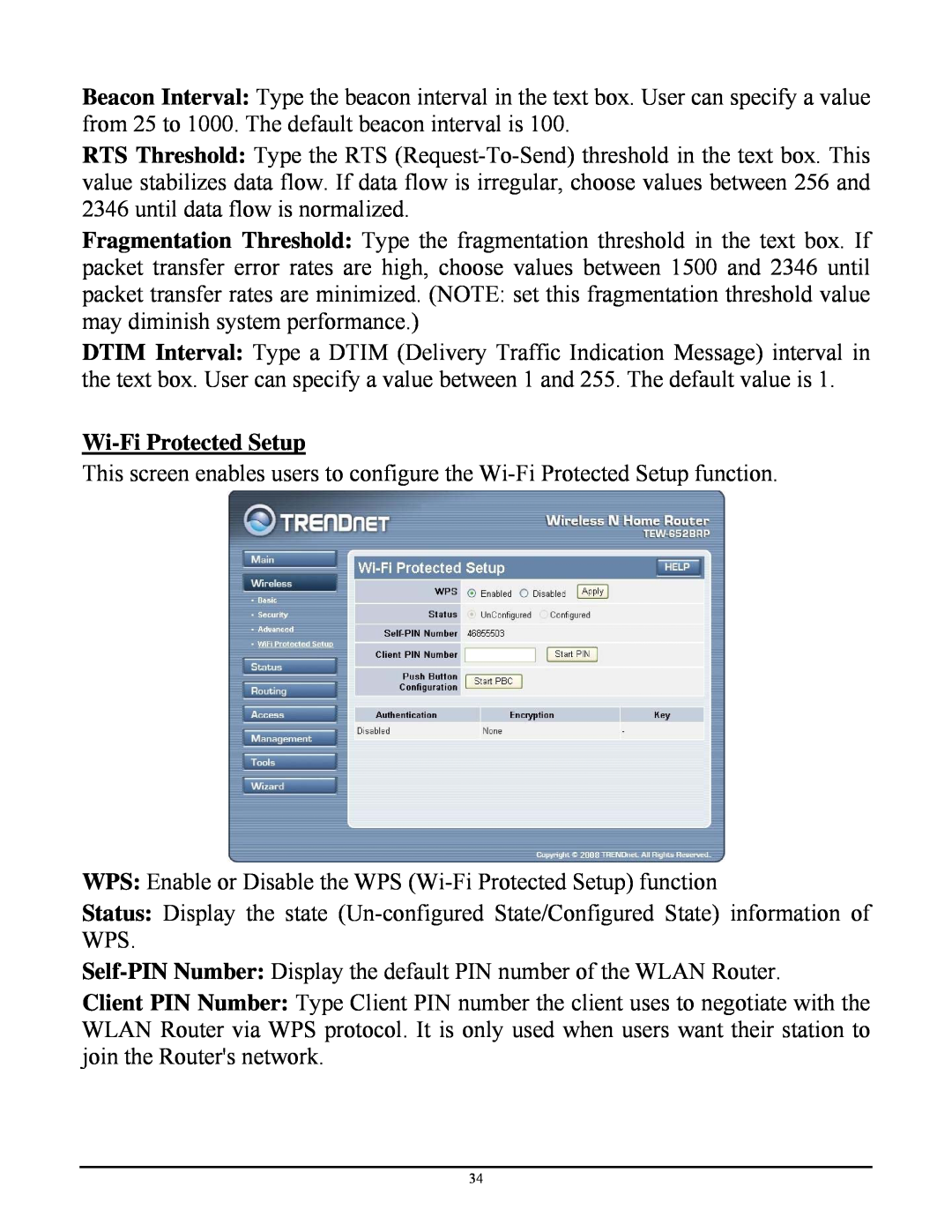 TRENDnet TEW-652BRP manual Wi-Fi Protected Setup 