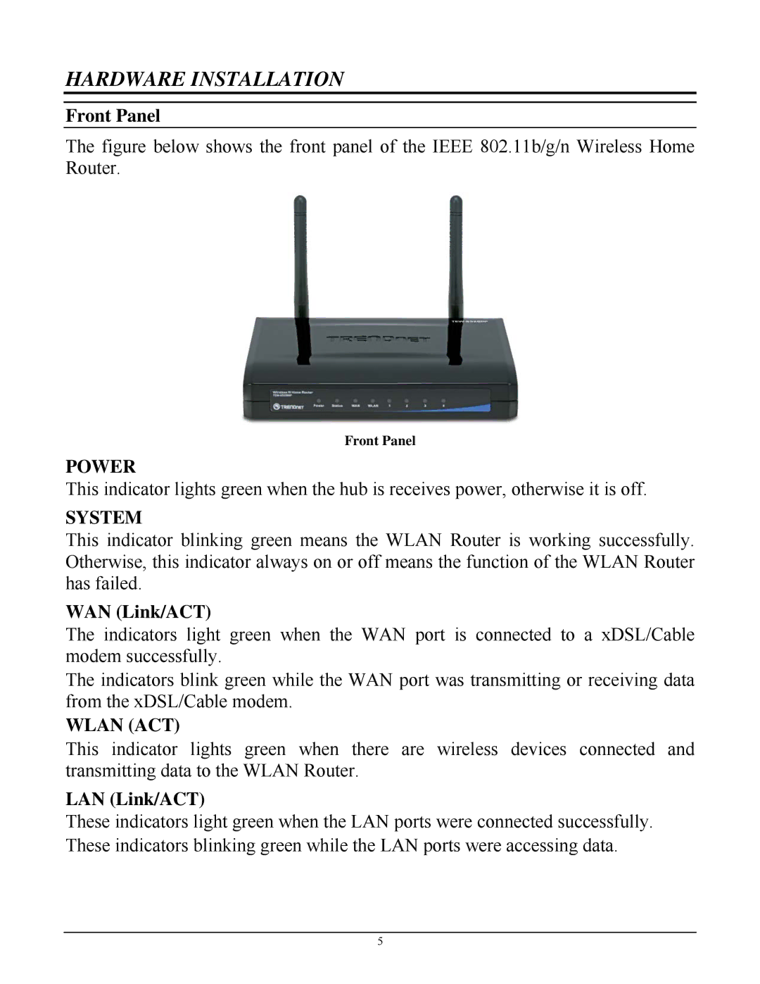 TRENDnet TEW-652BRP manual Front Panel, WAN Link/ACT, LAN Link/ACT 