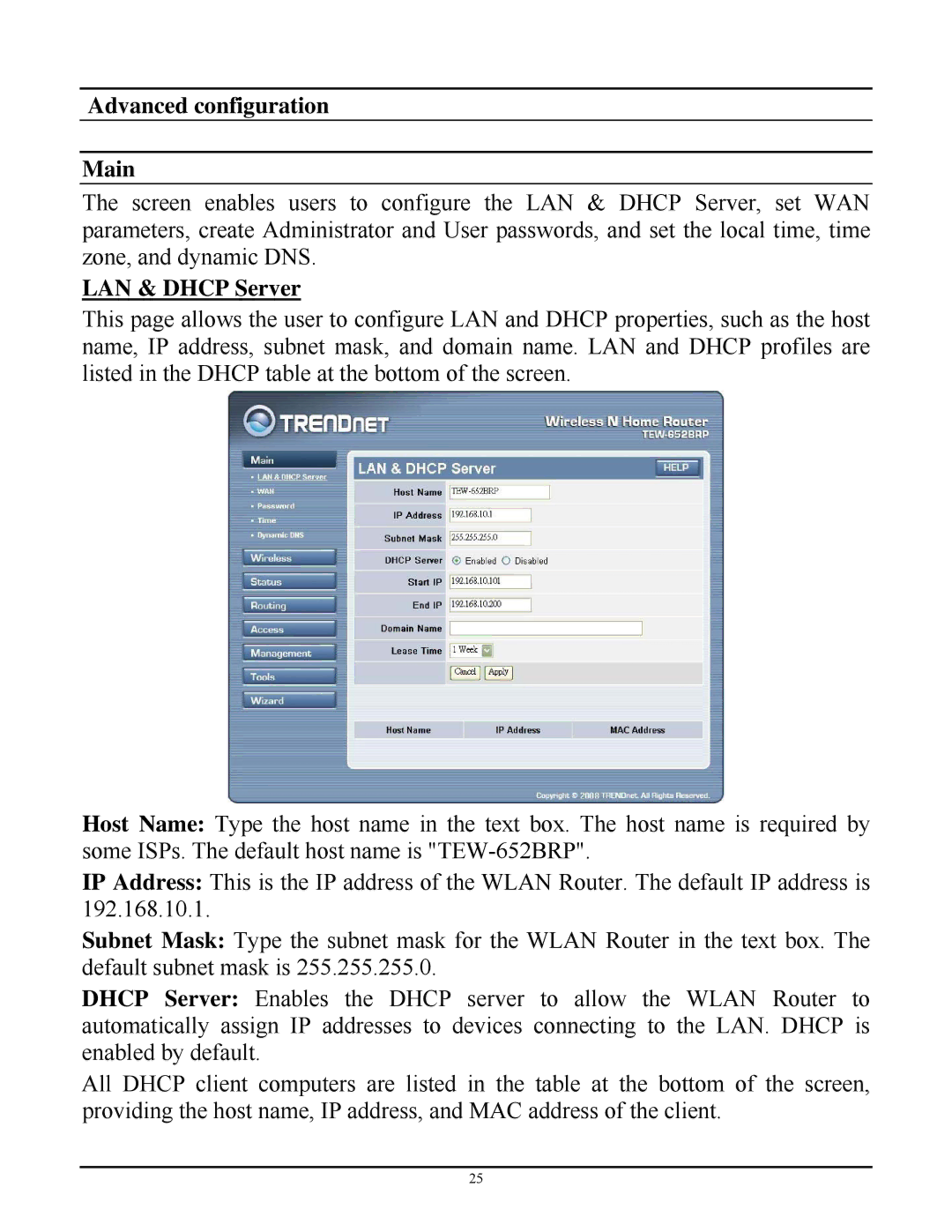 TRENDnet TEW-652BRP manual Advanced configuration Main, LAN & Dhcp Server 