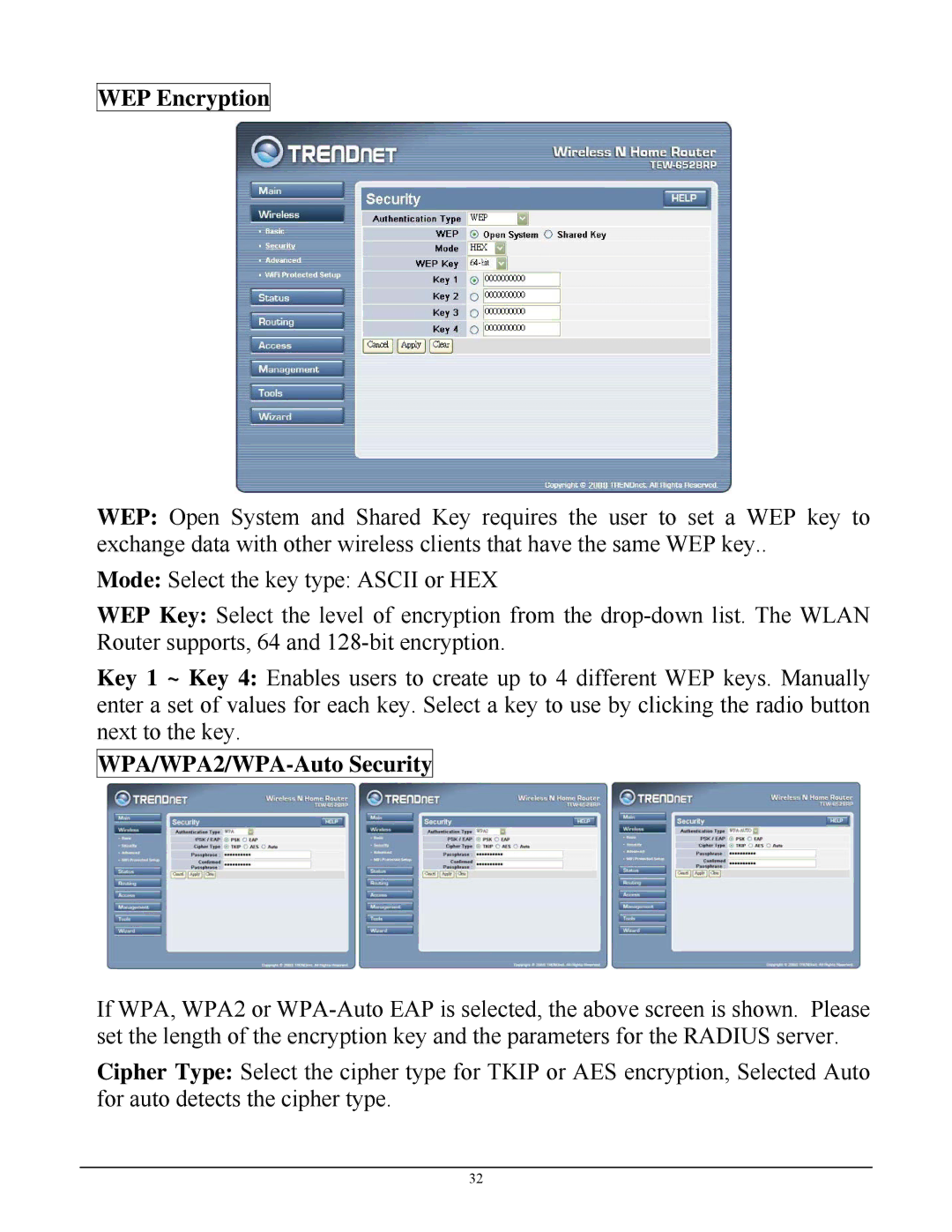 TRENDnet TEW-652BRP manual WEP Encryption, WPA/WPA2/WPA-Auto Security 