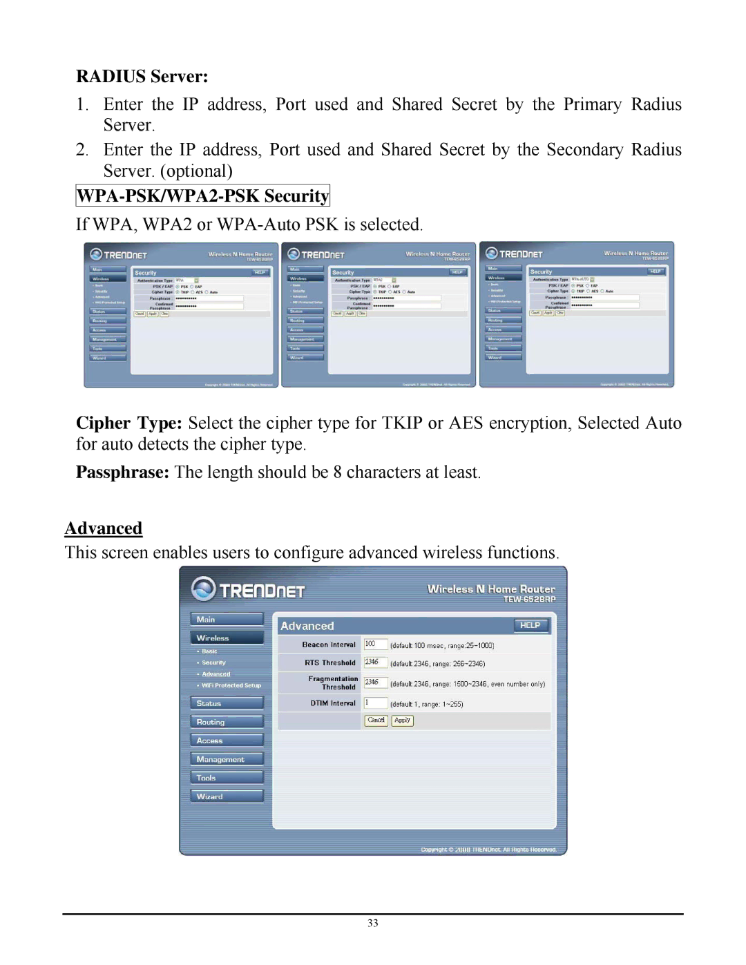 TRENDnet TEW-652BRP manual Radius Server, WPA-PSK/WPA2-PSK Security, Advanced 