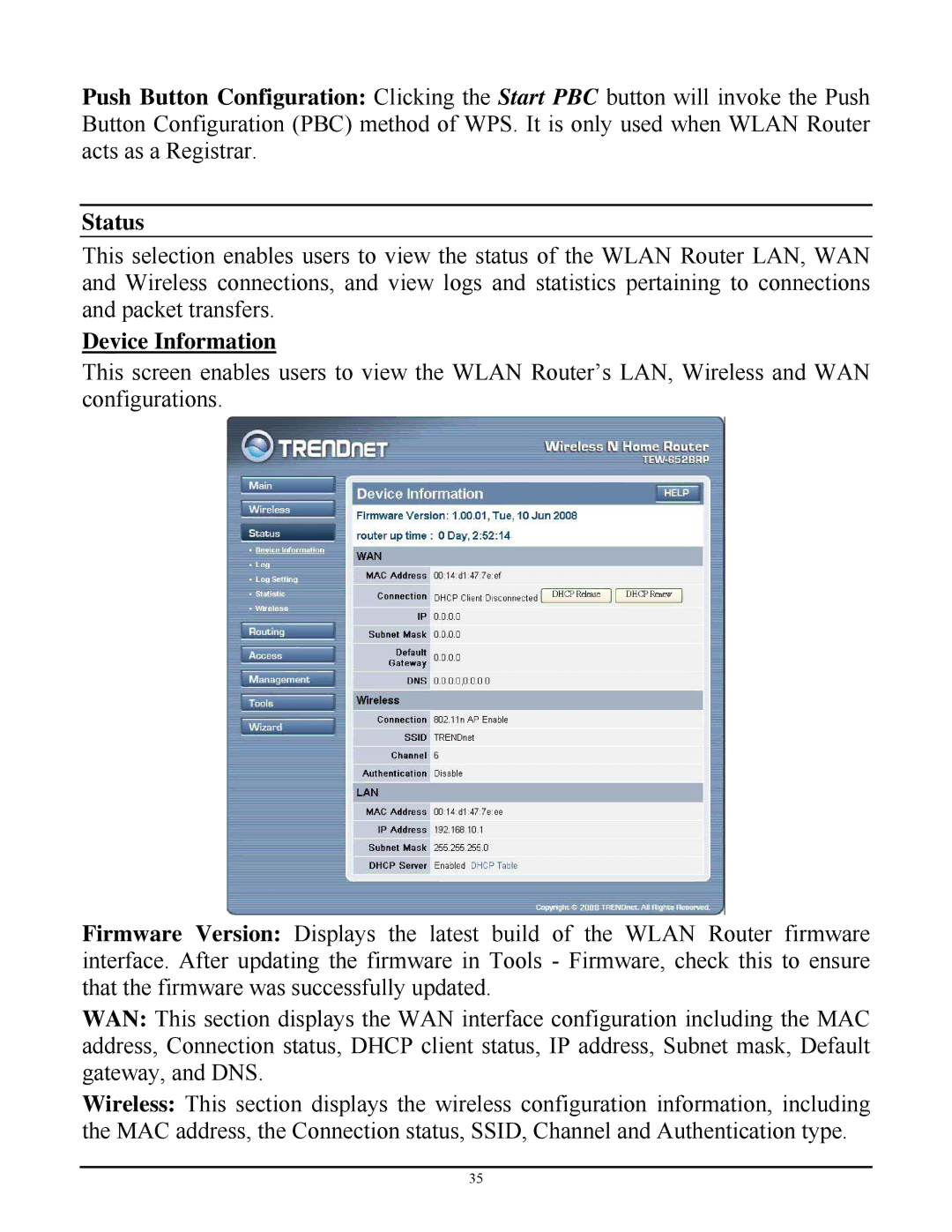 TRENDnet TEW-652BRP manual Status, Device Information 