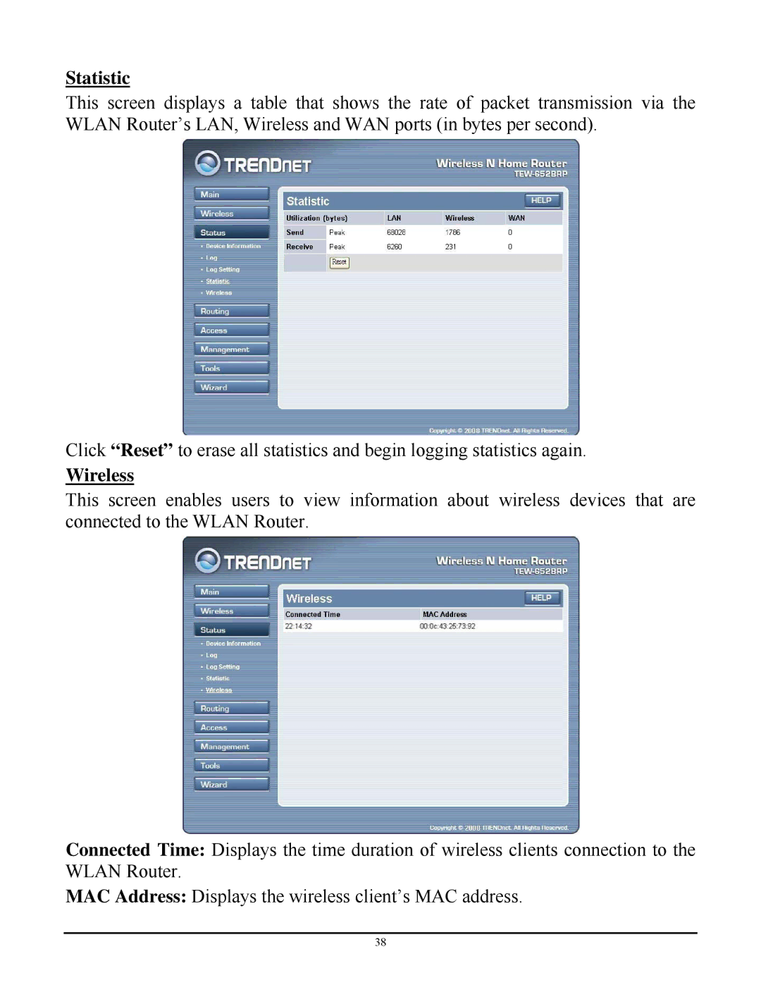 TRENDnet TEW-652BRP manual Statistic, Wireless 