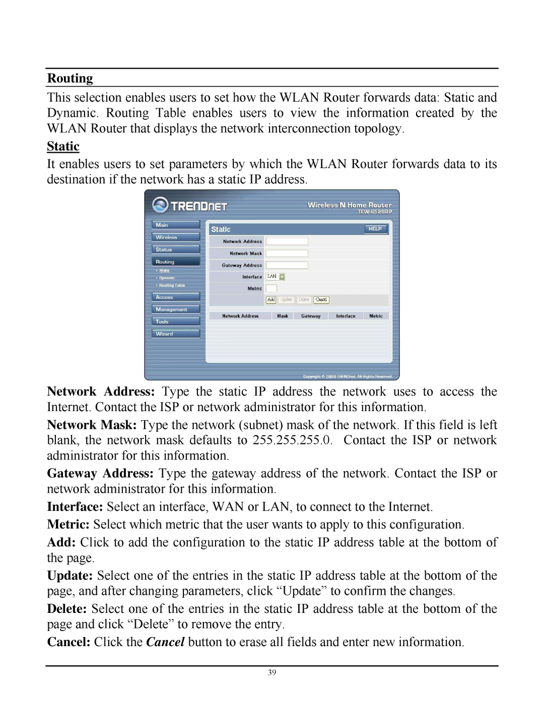 TRENDnet TEW-652BRP manual Routing, Static 