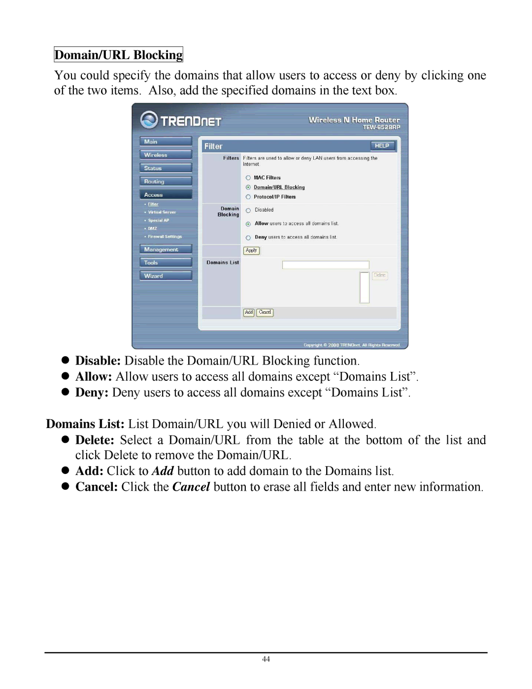 TRENDnet TEW-652BRP manual Domain/URL Blocking 