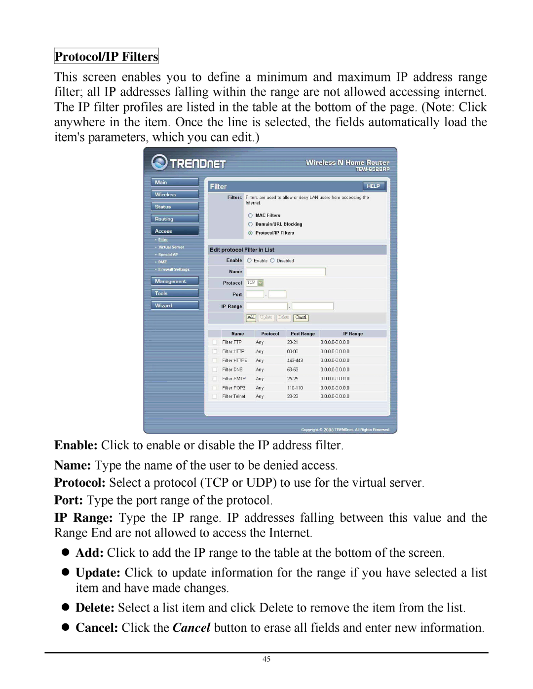 TRENDnet TEW-652BRP manual Protocol/IP Filters 