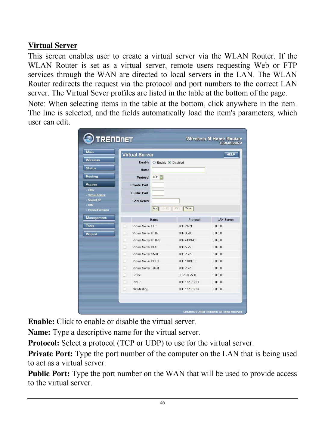 TRENDnet TEW-652BRP manual Virtual Server 