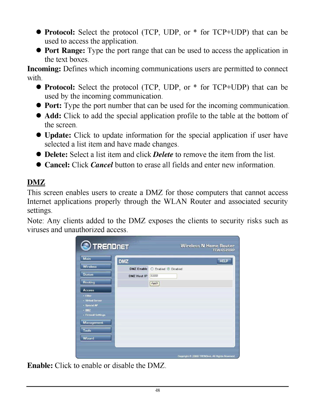 TRENDnet TEW-652BRP manual Dmz 