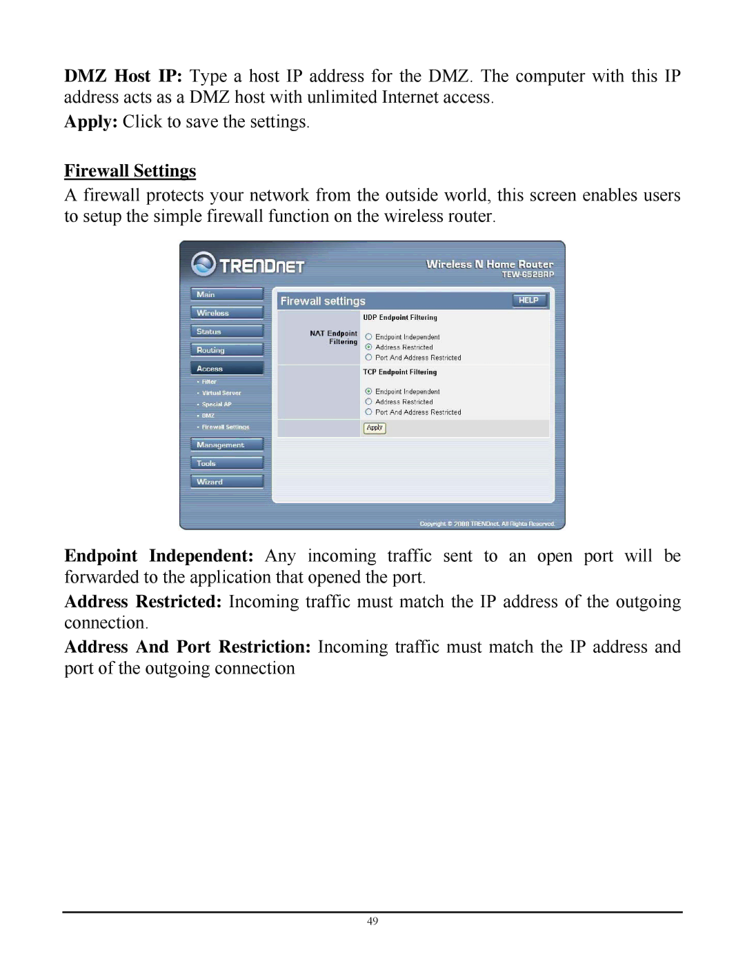 TRENDnet TEW-652BRP manual Firewall Settings 