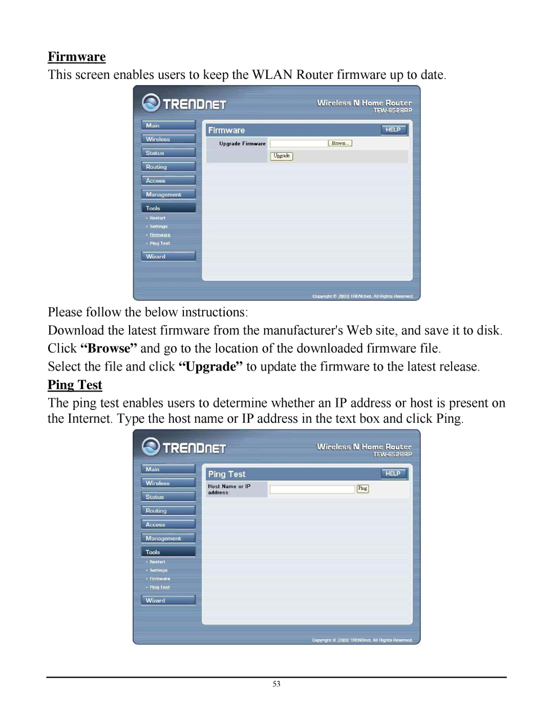 TRENDnet TEW-652BRP manual Firmware, Ping Test 