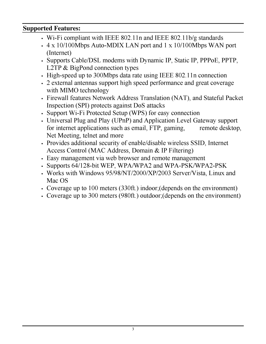 TRENDnet TEW-652BRP manual Supported Features 