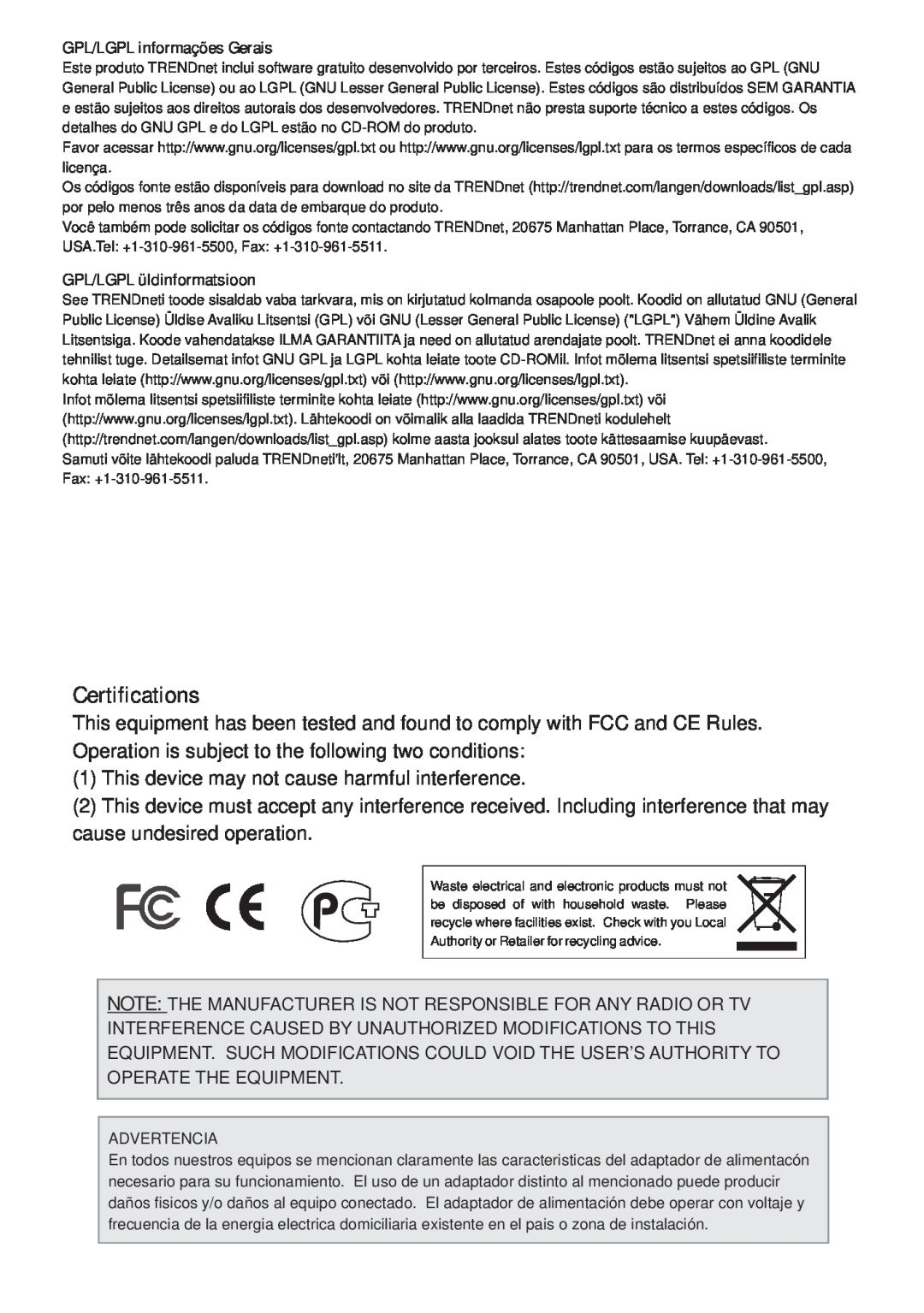 TRENDnet TEW-654TR manual Certifications 