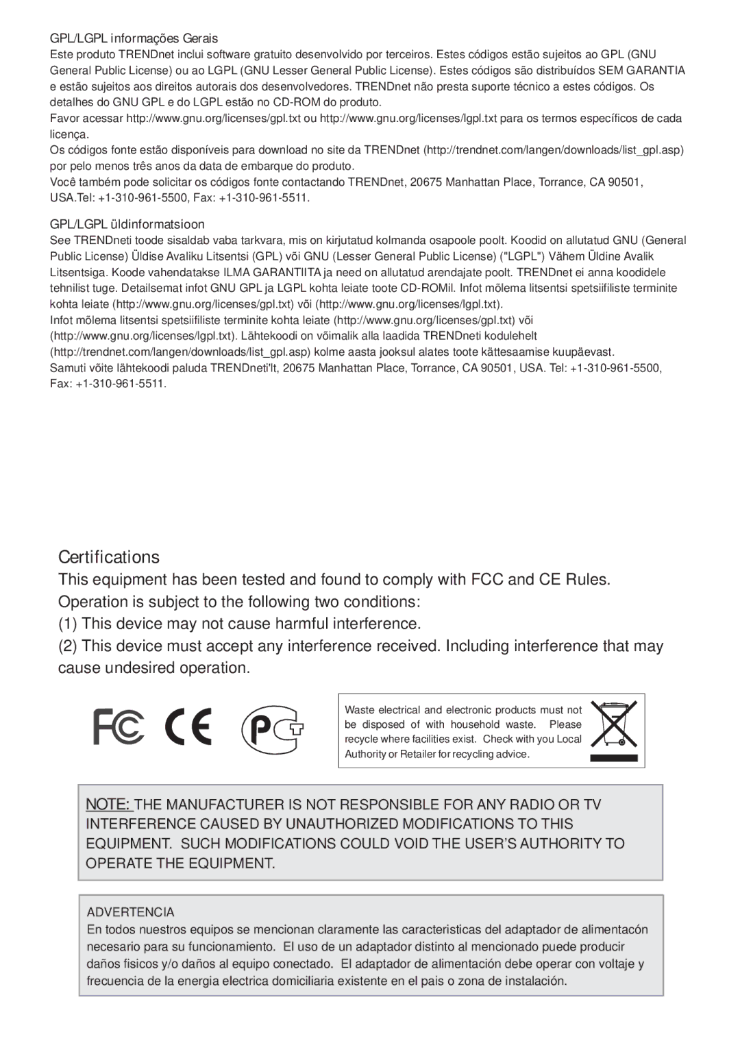 TRENDnet TEW-654TR manual Certifications 