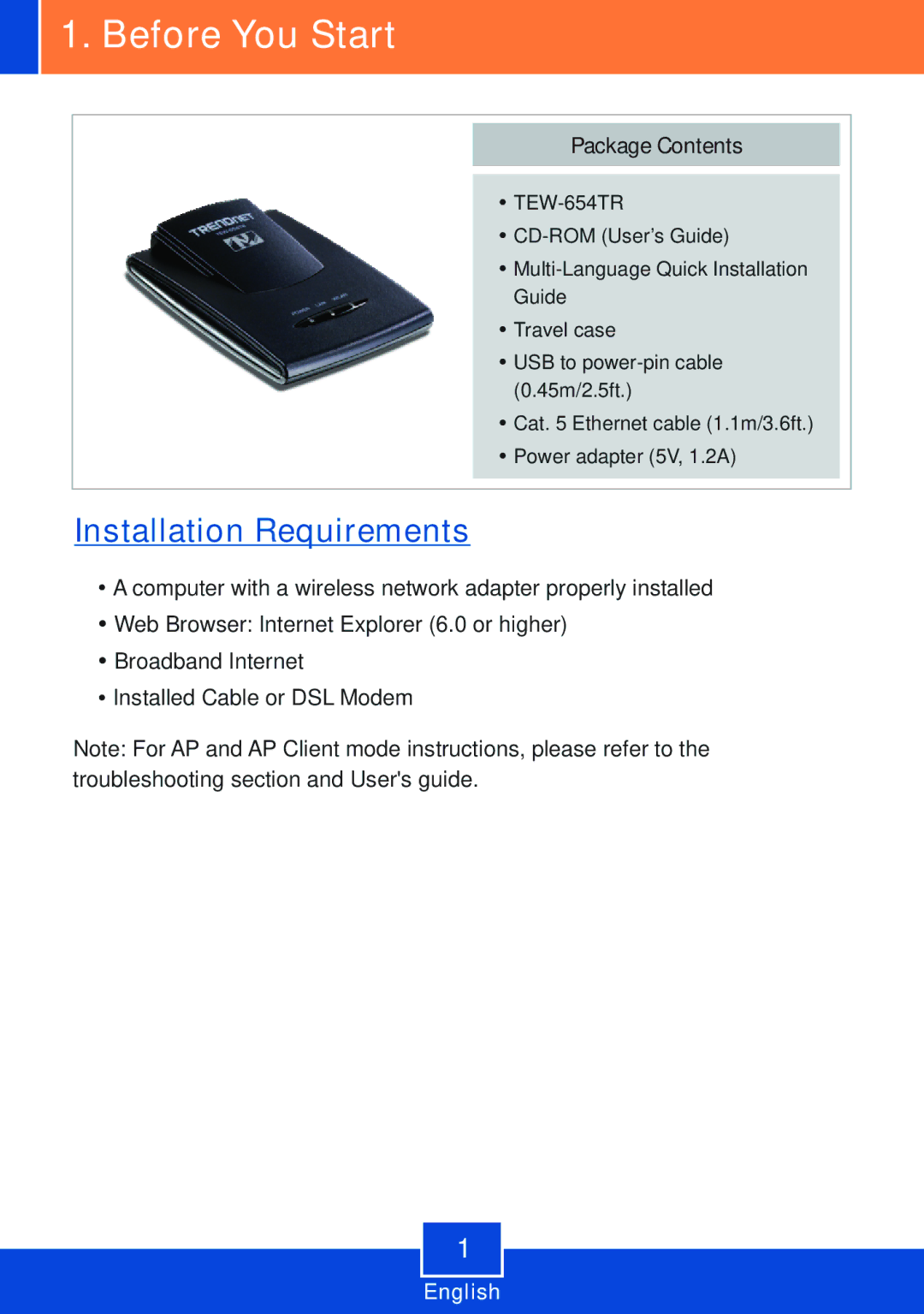 TRENDnet TEW-654TR manual Before You Start, Package Contents 